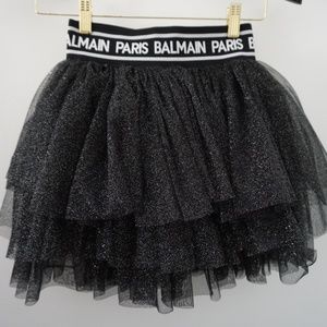 Balmain Kids Tulle Layered Designer Black Banded Logo Skirt
